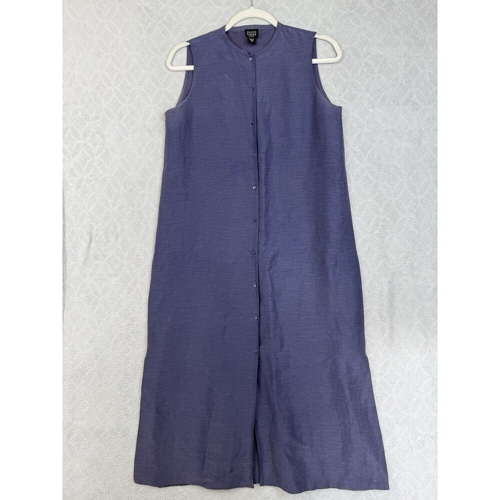 Eileen Fisher Sleeveless Band Collar Dress S Petite Blue Linen Silk Minimalist